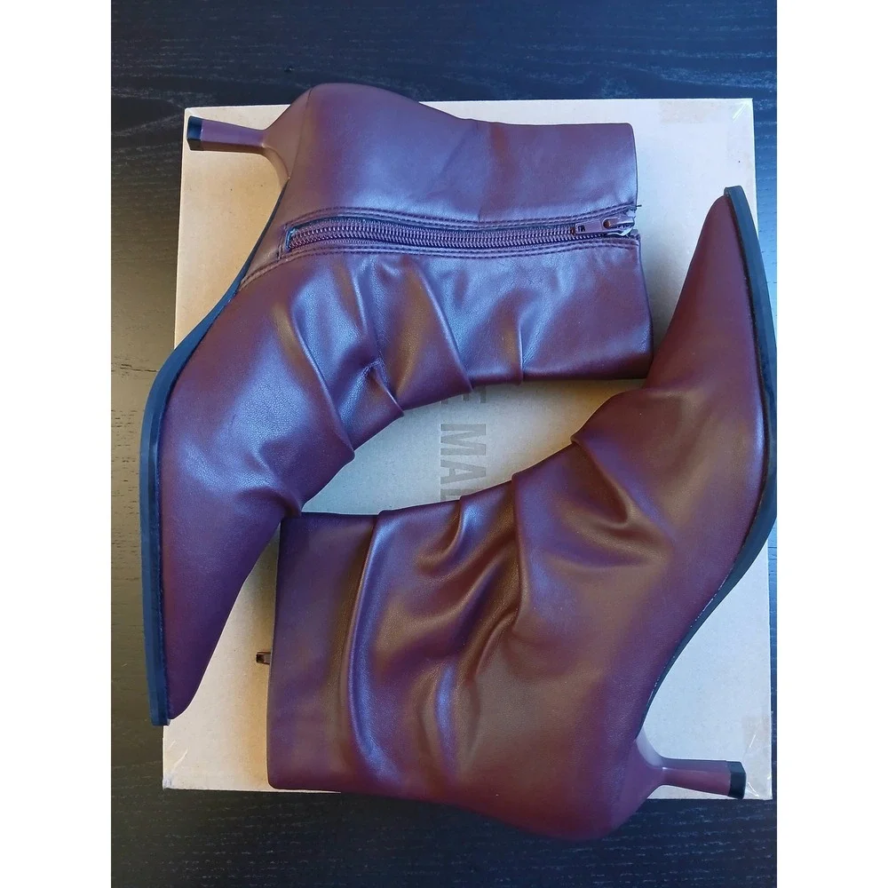 Steve Madden Maxxine Wine Burgundy Ruched Pointed Toe Kitten Heel Booties 8.5